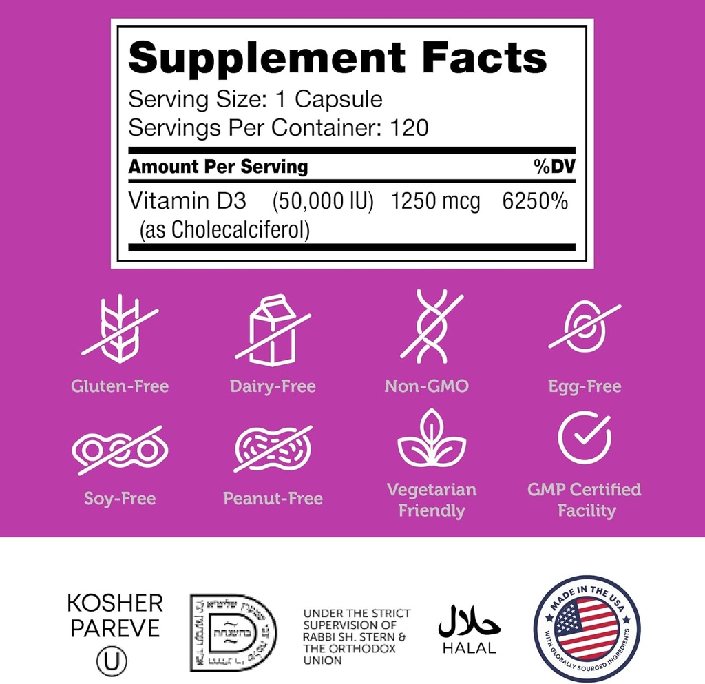 Zahler - Advanced Vitamin D3 50000 IU capsules (120 Count) Kosher Vegetarian Friendly Vitamin D for Immune Support, Bone, Teeth & Muscle Health - Weekly D3 Vitamin Supplement- Easy Swallow Vitamin D3. 6