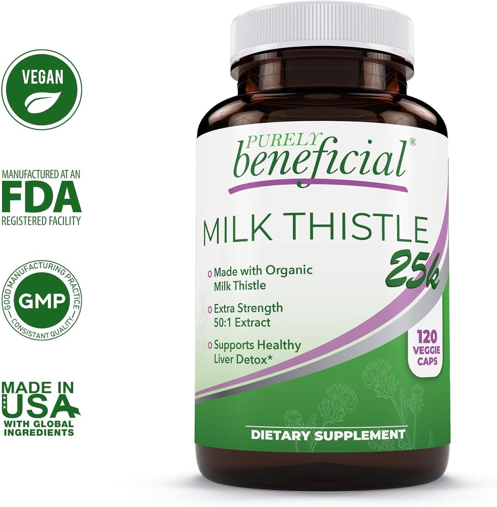 PURELY beneficial Organic Milk Thistle Capsules, 50:1 Milk Thistle Extract, Silybum Marianum 25000 mg Strength, Liver Cleanse & Antioxidant Support, 120 Veg Capsules, Vegan & Non-GMO 3