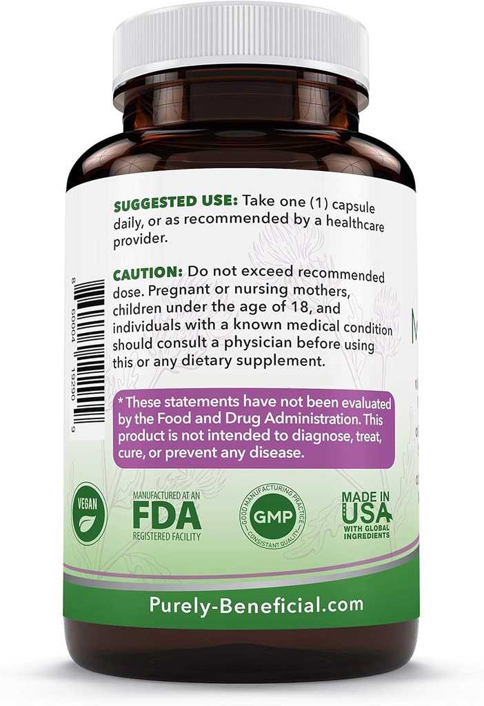 PURELY beneficial Organic Milk Thistle Capsules, 50:1 Milk Thistle Extract, Silybum Marianum 25000 mg Strength, Liver Cleanse & Antioxidant Support, 120 Veg Capsules, Vegan & Non-GMO 6