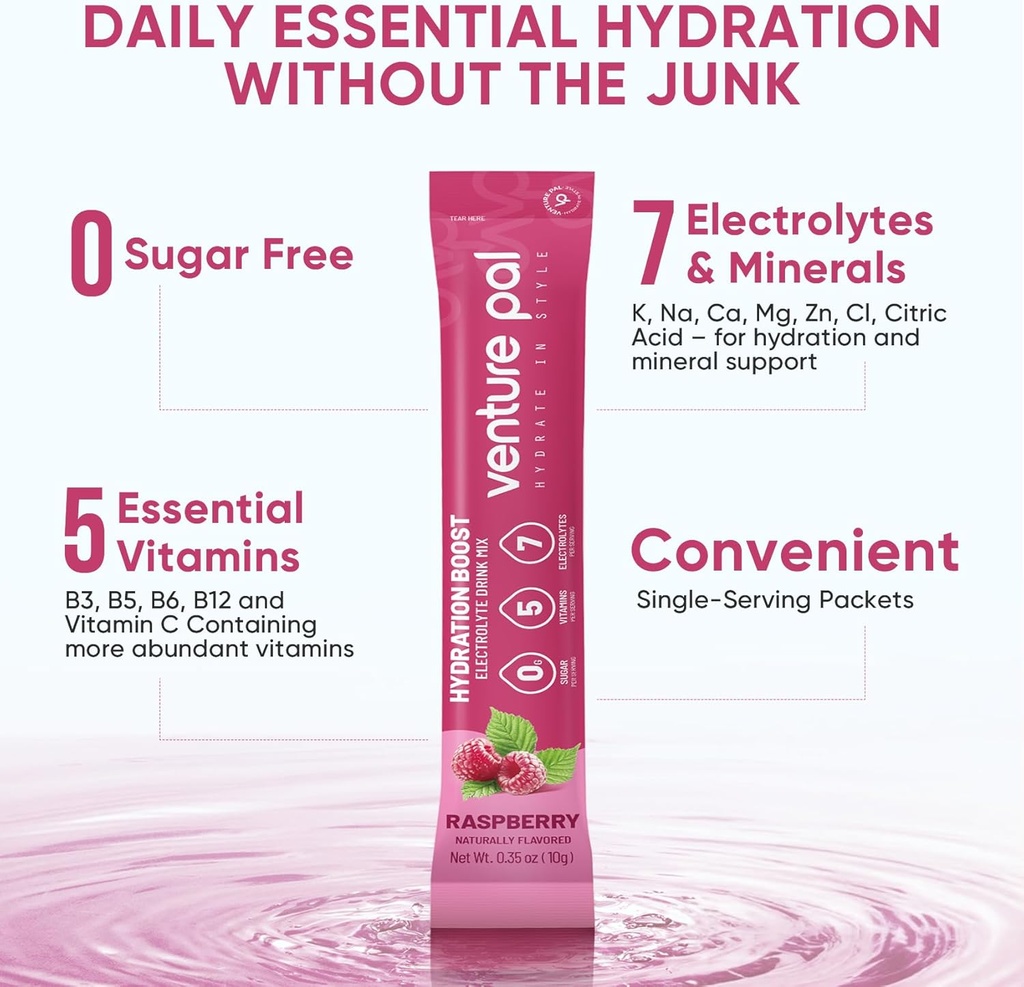Venture Pal Sugar Free Electrolyte Powder Packets - Liquid Daily IV Drink Mix for Rapid Hydration & Party Recovery | 5 Vitamins & 7 Electrolytes| Keto Friendly | Non-GMO | Certified Vegan | 16 Sticks 5