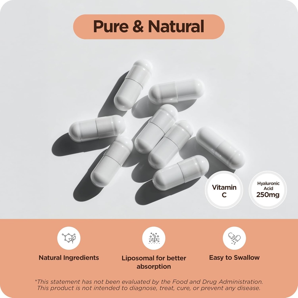 Pure Hyaluronic Acid Supplement 250mg with Vitamin C 50mg, 120 Vegan Capsules - Skin Hydration for Natural Glow, Hair, Nails, Bone & Joint Health Formula 5