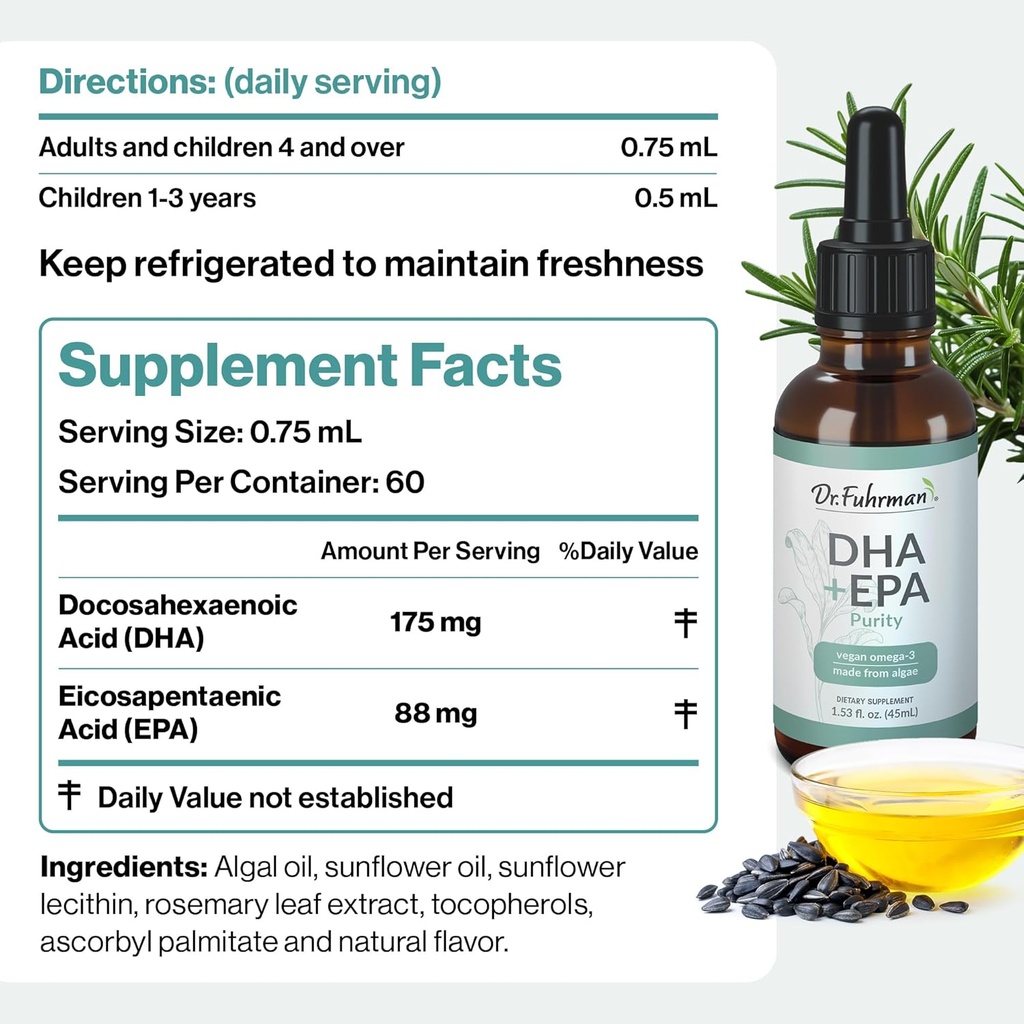 Dr. Fuhrman Vegan Omega 3 | Vegan DHA+EPA Purity Liquid Supplement | Made from Lab-Grown Algae | Our Omega 3 Supplement is Refrigerated in Warehouse Until Shipped | Citrus Flavor 60 Servings 6