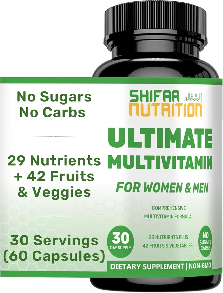 SHIFAA NUTRITION Halal Multivitamins for Women, Men & Adults, 30 Servings | Iron, Vitamin A, B6, B12, Biotin, Niacin, C, D3, E, Zinc, Calcium, Folic Acid, CoQ10 | Halal Vitamins 2