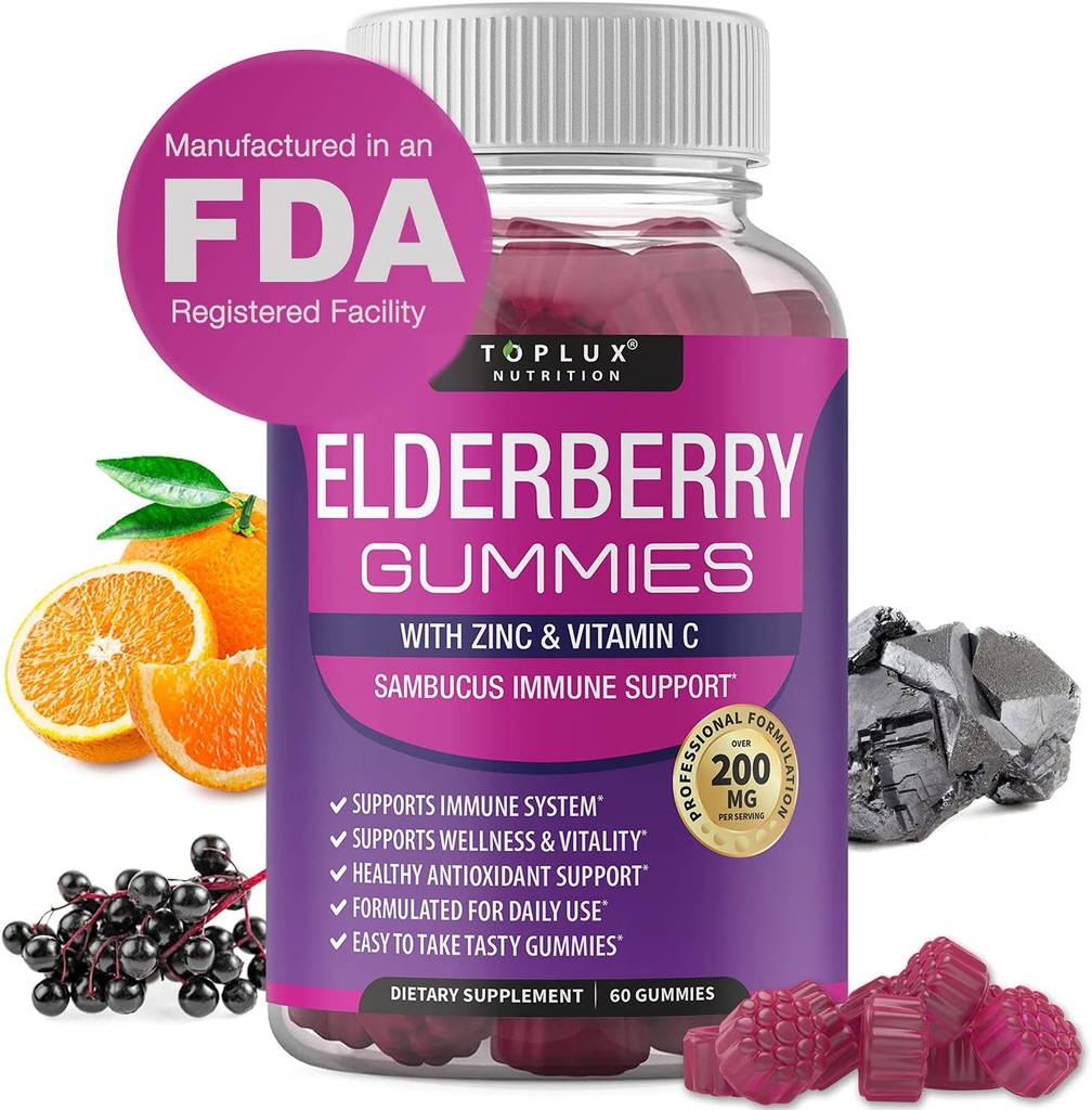Elderberry Gummies with Zinc & Vitamin C – Sambucus Elderberry Gummy for Immune System Support, Natural Elderberry Extract Supplement for Adults Kids, Alternative to Capsules, Gluten Free, 60 Gummies 2