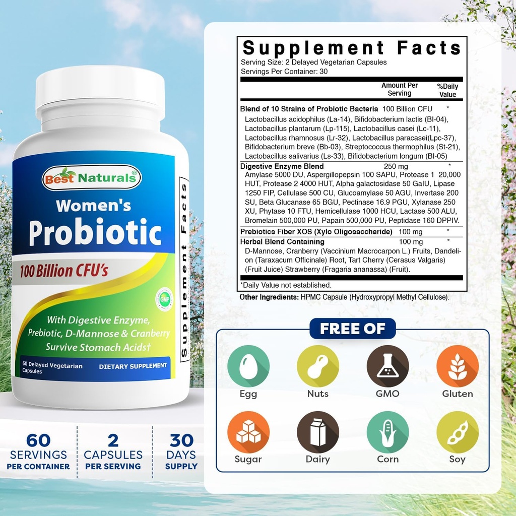 Best Naturals Probiotics for Women 100 Billion CFU - 10 Strains + Prebiotics Fiber + Digestive Enzyme Blend + Women's Health Herbal Blend - Immune, Digestive & Gut Health - 60 Deleyaed Capsules 3