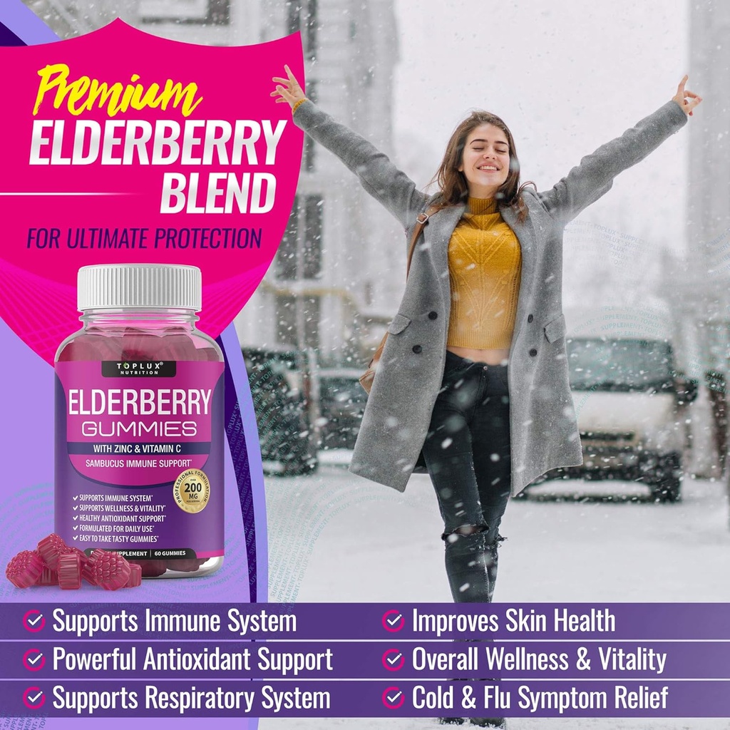Elderberry Gummies with Zinc & Vitamin C – Sambucus Elderberry Gummy for Immune System Support, Natural Elderberry Extract Supplement for Adults Kids, Alternative to Capsules, Gluten Free, 60 Gummies 4