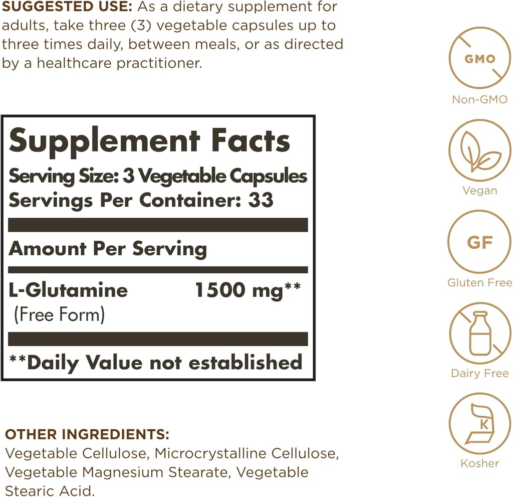 Solgar L-Glutamine 500 mg - 100 Vegetable Capsules - Natural Muscle Food - Non-GMO, Vegan, Gluten Free, Dairy Free, Kosher - 33 Servings 3
