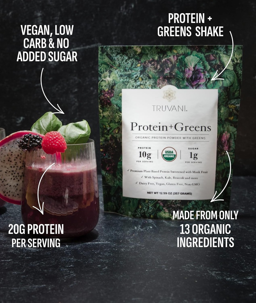 Truvani Protein + Greens Supplement | Spinach, Kale & Broccoli | 10g Organic Plant Based Protein | 20 Servings | USDA Organic | Gluten & Dairy Free | Vegan | No Added Sugar 4