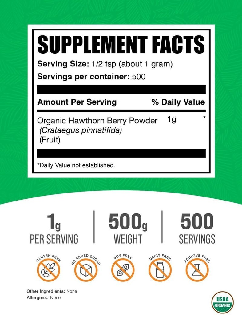 BulkSupplements.com Organic Hawthorn Berry Powder - Hawthorn Berry Supplement, Hawthorn Berry Organic - Vegan & Gluten Free, 1g per Serving, 500g (1.1 lbs) (Pack of 1) 3