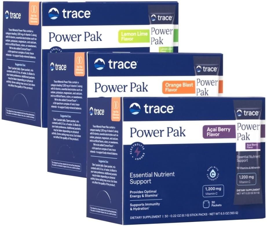 Trace Minerals Power Pak Multivitamin and Multimineral Packets - Electrolyte Support - 1200 mg Vitamin C Plus 70 Orange Blast, Lemon Lime, and Acai Berry Variety - 90 Packets 2