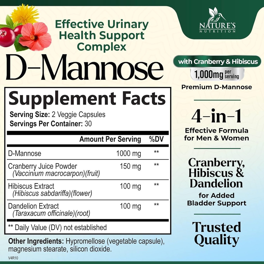 D-Mannose Supplement 1,350 mg with Cranberry & Hibiscus - Effective Fast-Acting, Flush The Impurities for Natural Bladder, Urinary Tract Health Support, for Women and Men, Non-GMO, Vegan, 60 Capsules 3