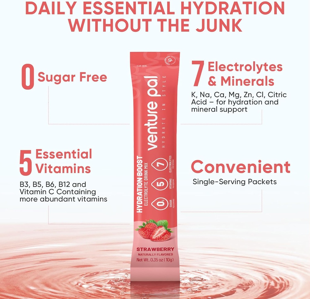 Venture Pal Sugar Free Electrolyte Powder Packets - Liquid Daily IV Drink Mix for Rapid Hydration & Party Recovery | 5 Vitamins & 7 Electrolytes| Keto Friendly | Non-GMO | Certified Vegan | 16 Sticks 5