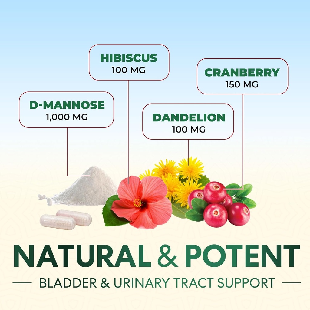 D-Mannose Supplement 1,350 mg with Cranberry & Hibiscus - Effective Fast-Acting, Flush The Impurities for Natural Bladder, Urinary Tract Health Support, for Women and Men, Non-GMO, Vegan, 60 Capsules 4