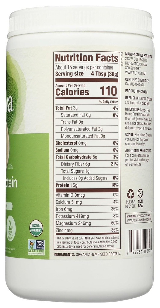 Nutiva Organic Cold-Pressed Raw Hemp Seed Protein Powder, Peak Protein, 16 Oz, USDA Organic, Non-GMO, Whole 30 Approved, Vegan, Gluten-Free & Keto, Plant Protein with Essential Amino Acids 6