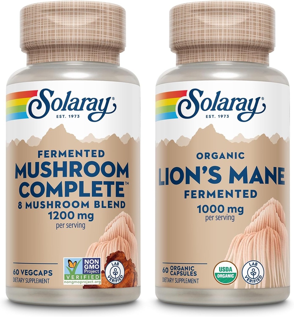 SOLARAY Mushroom Complete and Lions Mane Mushrooms Bundle - 8 Mushroom Supplement Plus Organic Lion’s Mane - Fermented for Enhanced Absorption and Whole Body Wellness, 60-Day Guarantee, 60 VegCaps Ea. 2