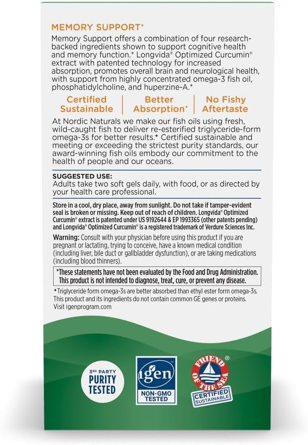 Nordic Naturals Omega Memory with Curcumin, Lemon - 60 Soft Gels - 1000 mg Omega-3 + 400 mg Optimized Curcumin - Memory, Cognition - Contains Phosphatidylcholine & Huperzine A - Non-GMO - 30 Servings 4