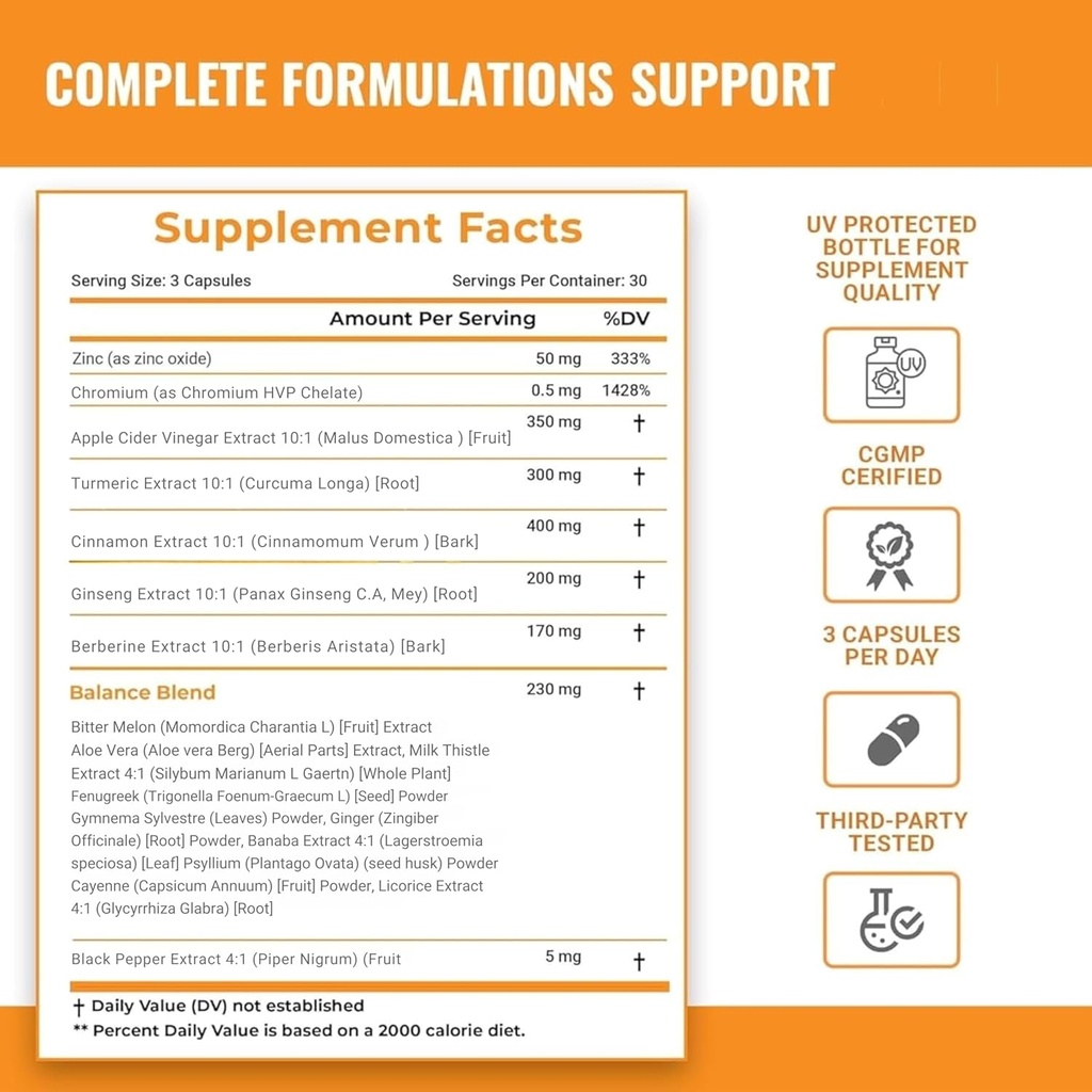 Ceylon Cinnamon Capsules with Berberine, Apple Cider Vinegar, Turmeric Curcumin, Ginseng, Zinc, Milk Thistle, Bitter Melon, Fenugreek & More 3