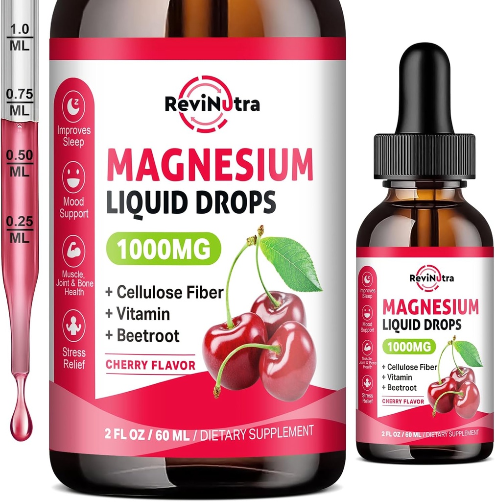 Magnesium Glycinate Liquid Drops, 1000mg Magnesium Glycinate, Citrate & Taurate with Fiber, Beetroot, Vitamin B & C for Sleep, Calm, Muscle, Energy & Relaxation, 2 Fl Oz, Sugar-Free Cherry Flavor 2