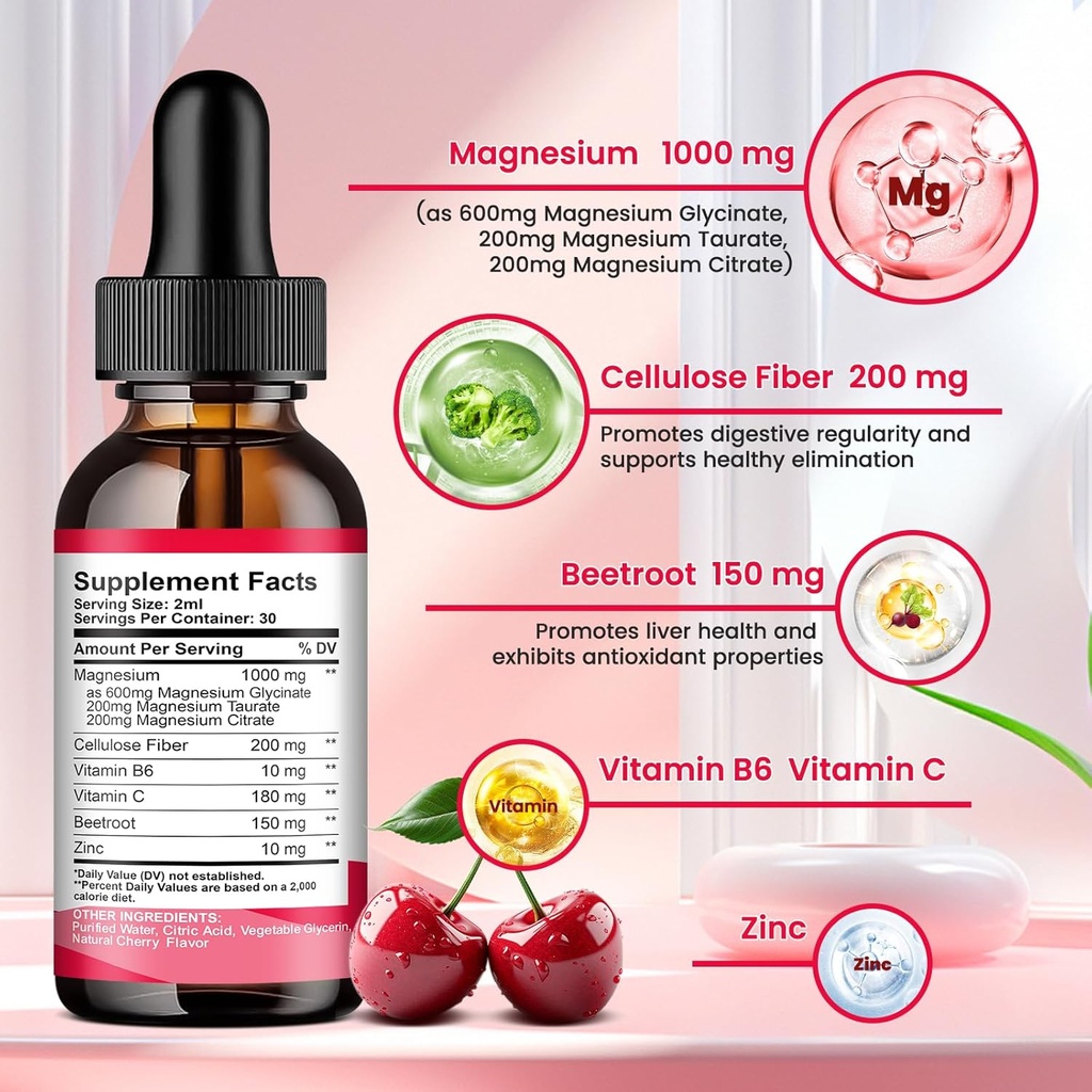 Magnesium Glycinate Liquid Drops, 1000mg Magnesium Glycinate, Citrate & Taurate with Fiber, Beetroot, Vitamin B & C for Sleep, Calm, Muscle, Energy & Relaxation, 2 Fl Oz, Sugar-Free Cherry Flavor 3