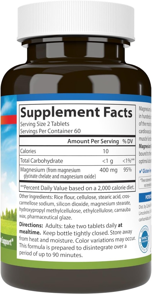 Carlson - Magnesium Glycinate, 200 mg, Superior Absorption, Heart Health, Muscle Function, Bone Support, 120 Tablets 3
