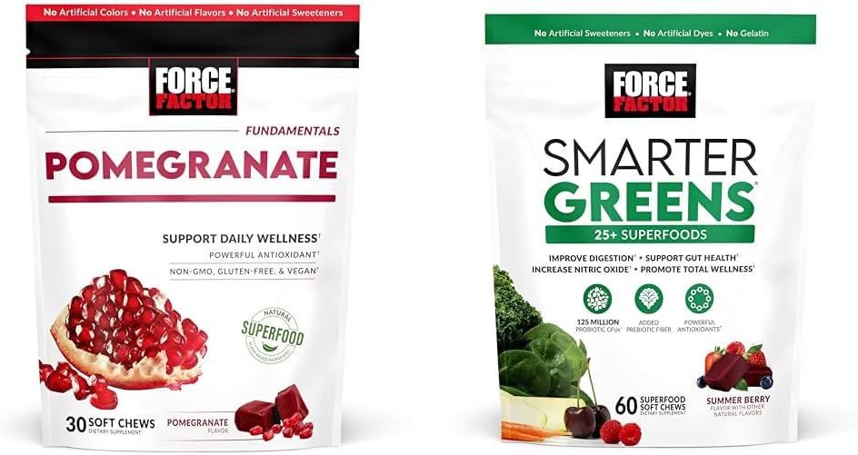 Force Factor Pomegranate Soft Chews for Healthy Aging & Smarter Greens Superfood Chews with 25+ Superfoods, Probiotics & Prebiotic Fiber, 60 Soft Chews 2