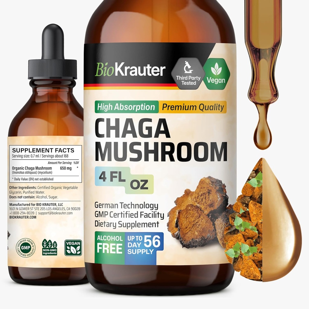 BIO KRAUTER Chaga Mushroom Extract - Chaga Tincture for Immune Support - Vegan, Alcohol & Sugar Free Drops 4 Fl.Oz. 2