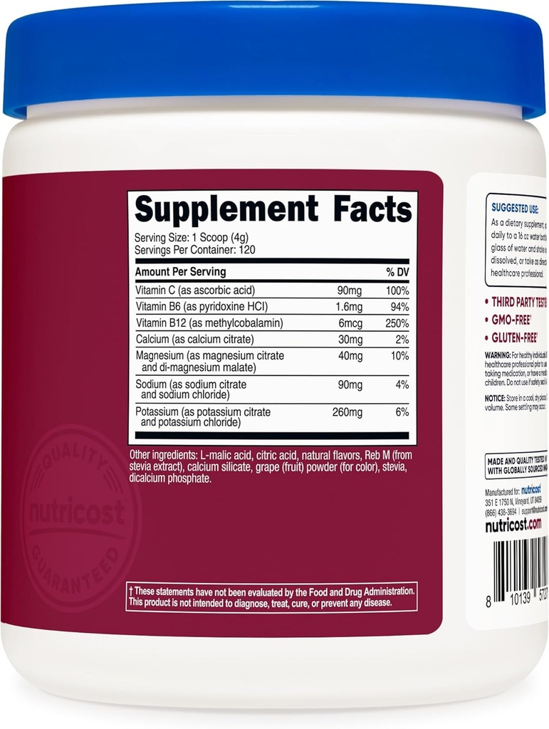 Nutricost Electrolyte Complex Powder (120 Servings, Grape) - Hydration Supplement Drink Mix with Vitamins and Minerals 6