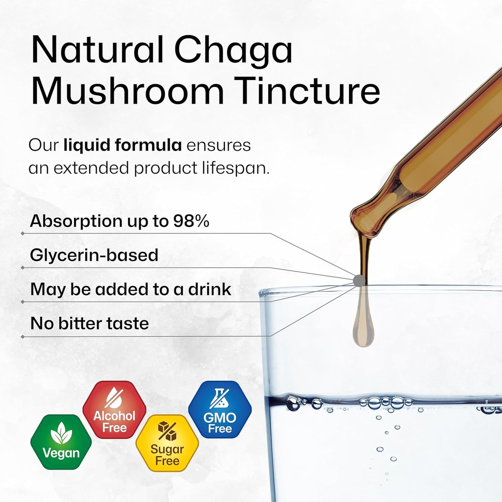 BIO KRAUTER Chaga Mushroom Extract - Chaga Tincture for Immune Support - Vegan, Alcohol & Sugar Free Drops 4 Fl.Oz. 5