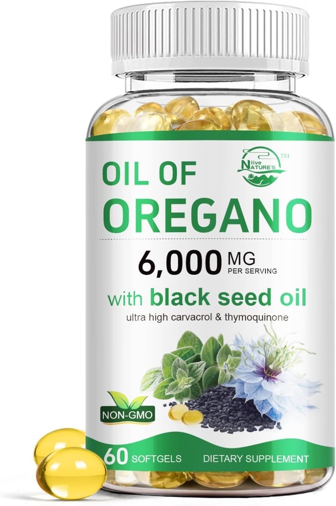 Nature's live Oil of Oregano with Black Seed Oil, 2 in 1 Oregano Supplement for Immune Health, Retains High Concentrated Carvacrol & Thymoquinone, Non-GMO, 60 Softgels, 1 Pack 2