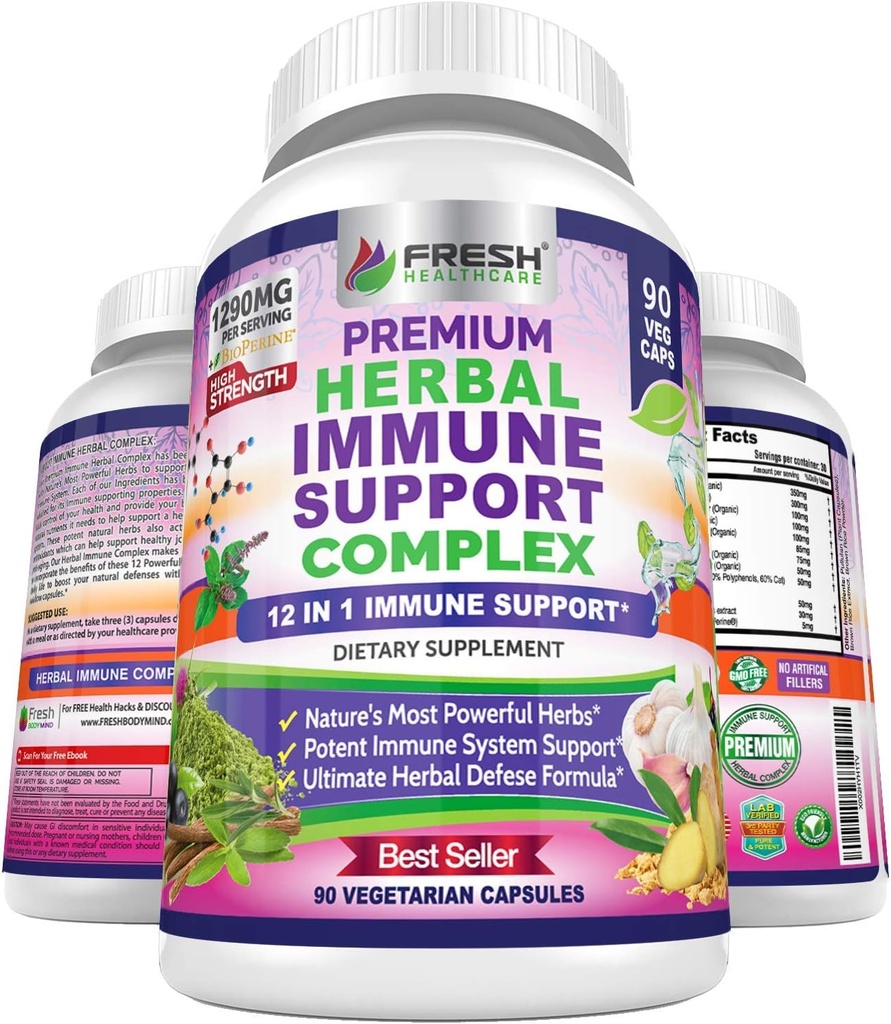Immune Support Herbal Supplement - 12 in 1 Daily Immune Defense Booster - Garlic, Ginger, Elderberry, Holy Basil, Green Tea Extract, Milk Thistle, Mushroom & Panax Ginseng - 90 Vegan Capsules Pills 2