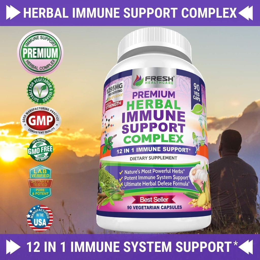 Immune Support Herbal Supplement - 12 in 1 Daily Immune Defense Booster - Garlic, Ginger, Elderberry, Holy Basil, Green Tea Extract, Milk Thistle, Mushroom & Panax Ginseng - 90 Vegan Capsules Pills 3