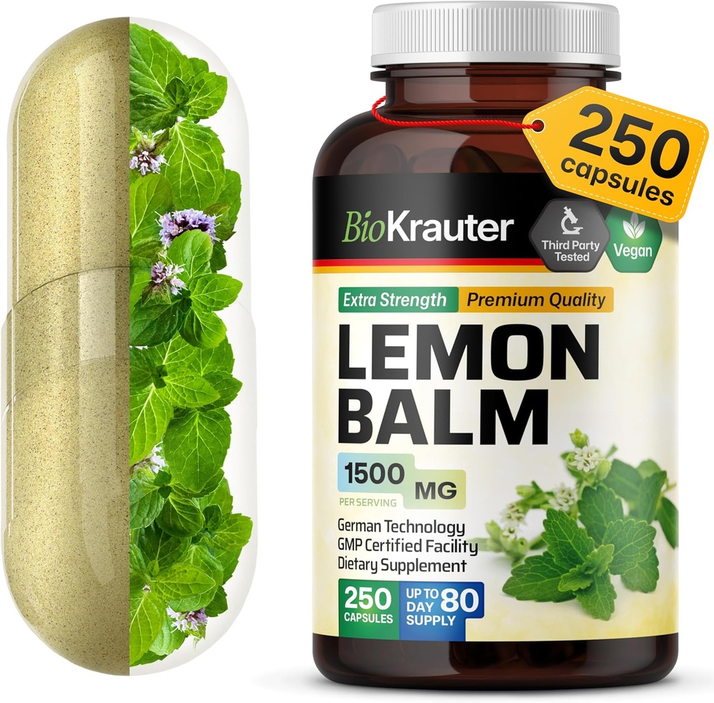 BIO KRAUTER Lemon Balm Capsules 1500 mg - 250 Count - Vegan Melissa Herbal Supplement - Natural Relaxation Support - Lemon Balm Leaf 2