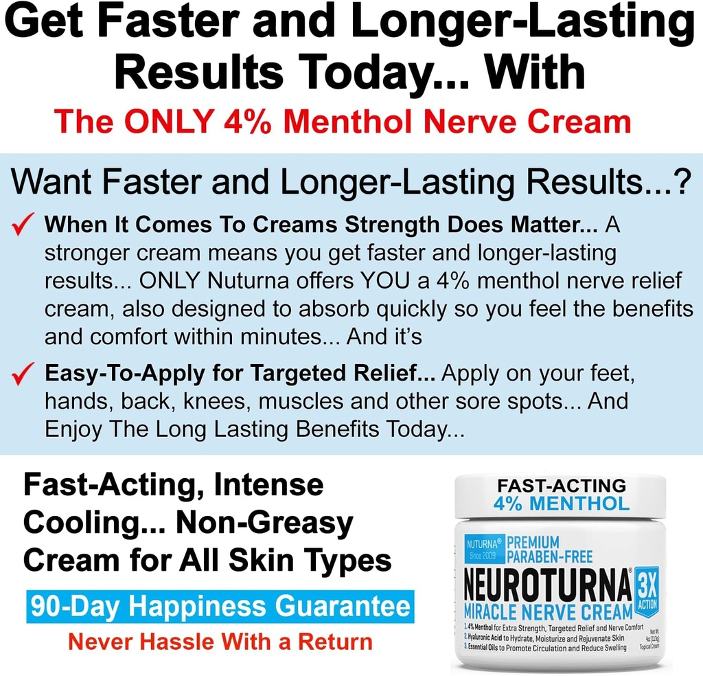 Neuropathy Nerve Relief Cream - Premium Nerve Cream 3X Action for Targeted Relief and Soothing Nerve Comfort - Maximum Strength with 4% Menthol Arnica MSM for Feet Hands Legs Toes & Back - Large 4 Oz 4