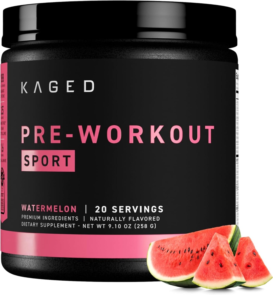 Kaged Sport Pre Workout Powder for Men & Women, Watermelon, Sport Certified, 188mg Caffeine, Nitric Oxide Supplement, Beta Alanine for Energy, Weightlifting, Cardio Endurance & Strength, 20 Servings 2