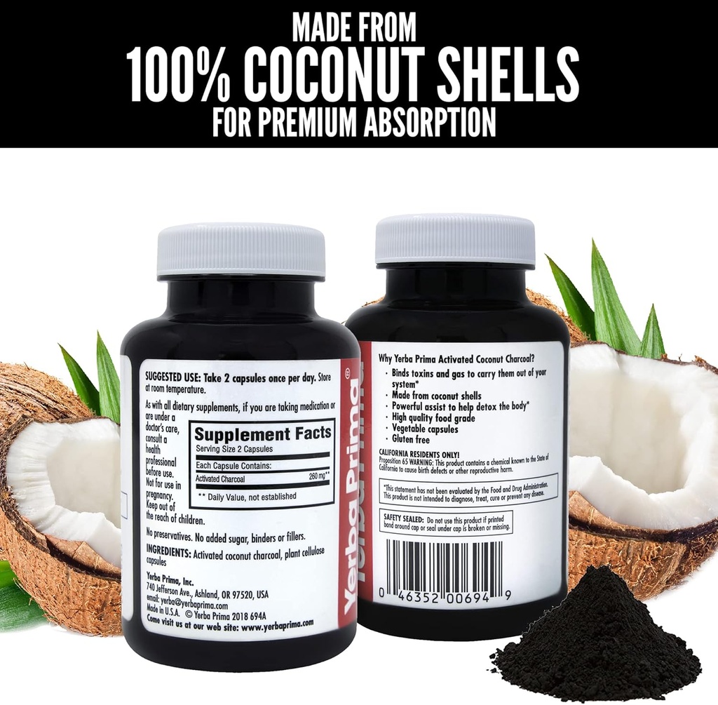 Yerba Prima Activated Coconut Charcoal, 60 Capsules - Natural Detox - Vegetarian, Vegan, Gluten Free, Non GMO 5