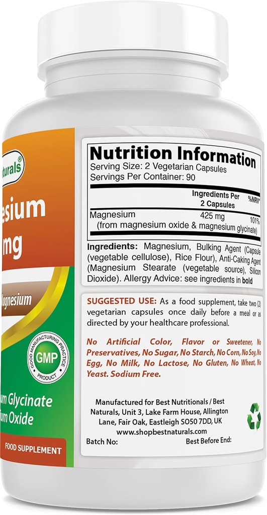 Best Naturals Magnesium 425 mg 180 Veggie Capsules - High Absorption Magnesium Glycinate & Magnesium Oxide Chelated, Non-GMO, Gluten Free Muscle Relax (180 Count (Pack of 2)) 3