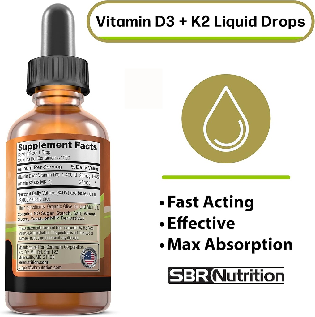 MAX Absorption, Vitamin D3 + K2 (MK-7) Liquid Drops with MCT Oil, Unflavored, Helps Support Strong Bones and Healthy Heart 3
