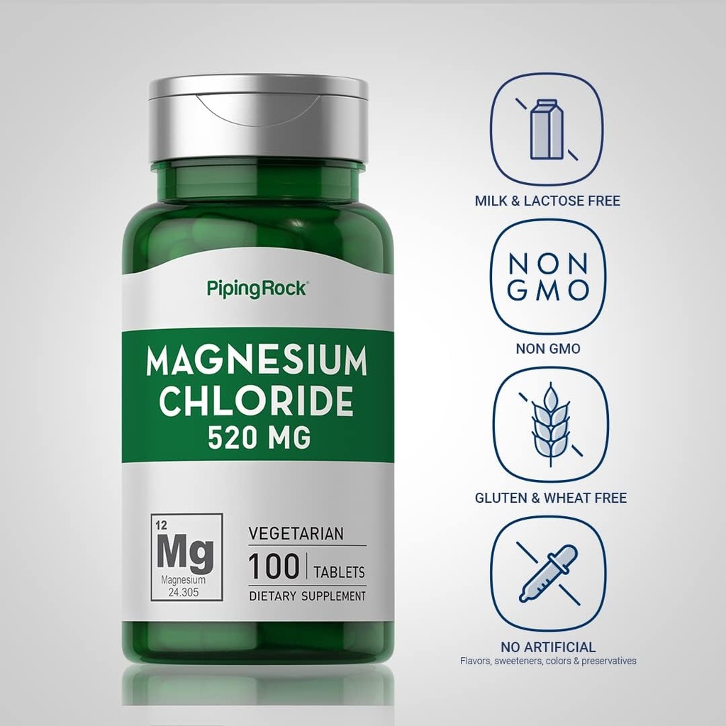 Piping Rock Magnesium Chloride | 520mg | 100 Tablets | Vegetarian, Non-GMO, Gluten Free Supplement 4