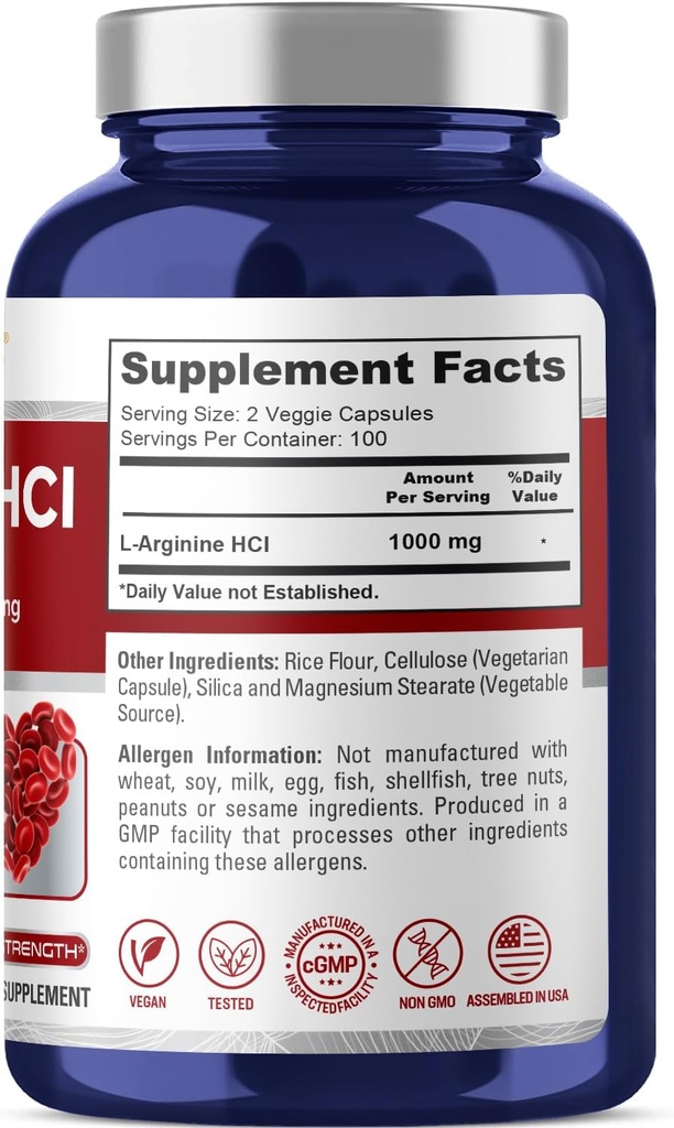 NusaPure L-Arginine 1000 mg 200 Veggie Capsules (Non-GMO, Vegetarian, Vegan) 3