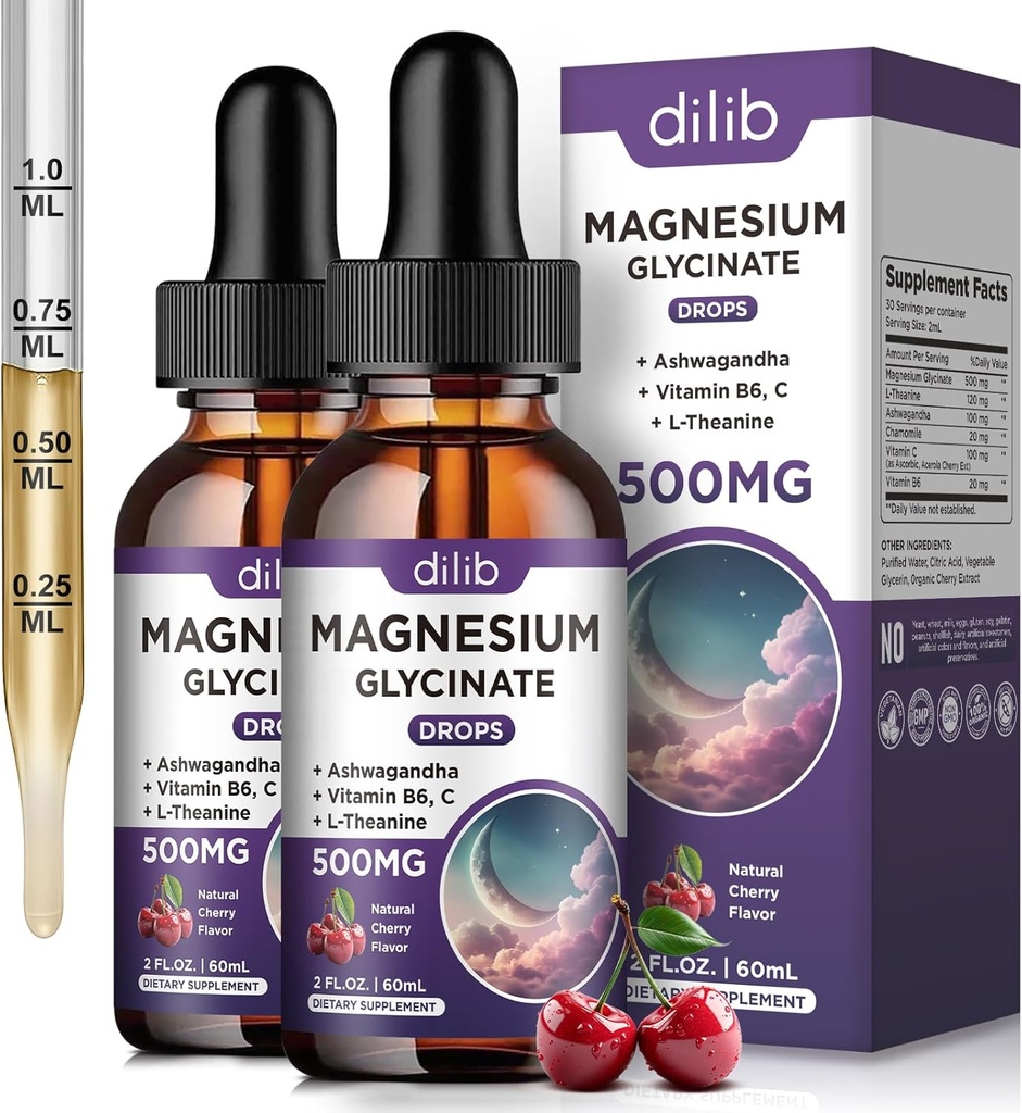 (2 Pack) Magnesium Glycinate Liquid Drops 500mg, with Vitamin B6, Ashwagandha, L - Theanine, Chamomile, Magnesium Glycinate Supplement High Absorption for Sleep, Stress, Energy Mood - Cherry Flavor 2