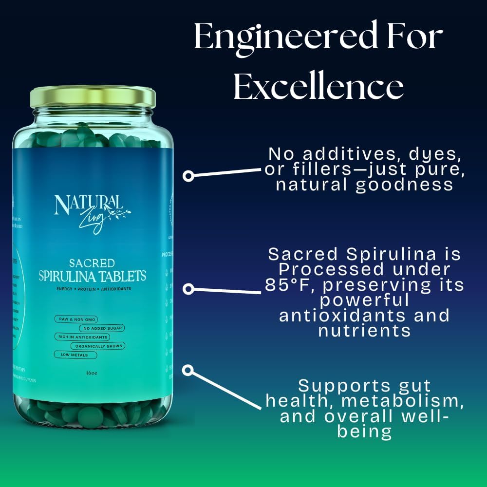 Natural Zing 100% Pure Spirulina (Raw, Organic) |1000 16oz Powder, Tablets | Vegan Protein | Phycocianin | Beta Carotene 6