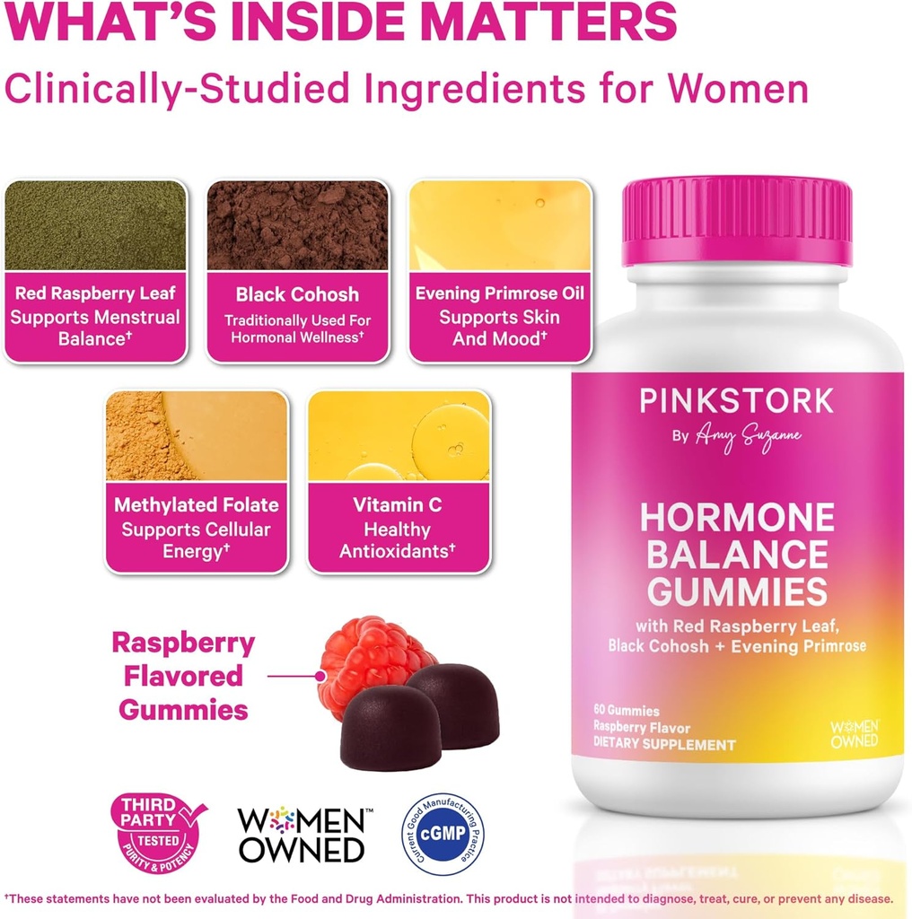 Pink Stork Hormone Balance Gummies for Women – PMS, Menopause & Estrogen Support – Mood, Bloating, Hot Flashes & Energy – Red Raspberry Leaf, Black Cohosh, Primrose – 60 Vegan Gummies 3
