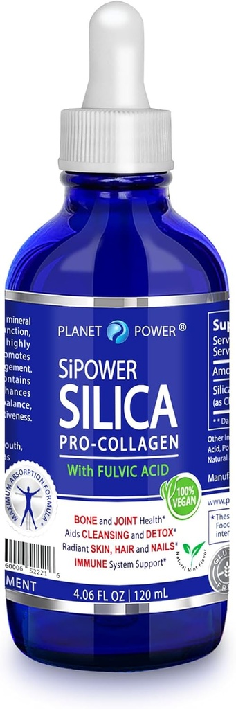 SiPower Silica Vegan Collagen, Supplement Drops-Liquid Mineral Orthosilicic Acid (CH-OSA) + Fulvic Acid. Natural Collagen Booster for Joints, Bones, Hair, Skin, Nails, Immune & Digestive Health-4oz 2