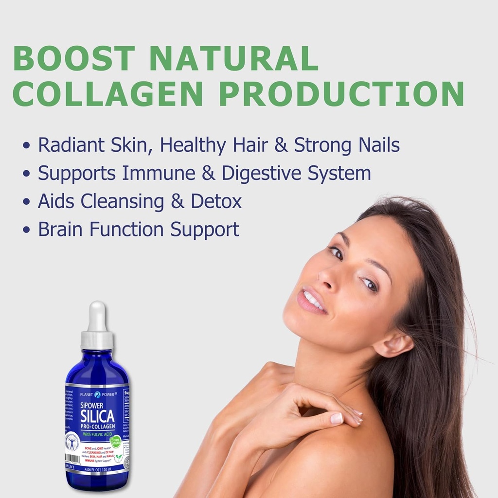SiPower Silica Vegan Collagen, Supplement Drops-Liquid Mineral Orthosilicic Acid (CH-OSA) + Fulvic Acid. Natural Collagen Booster for Joints, Bones, Hair, Skin, Nails, Immune & Digestive Health-4oz 4