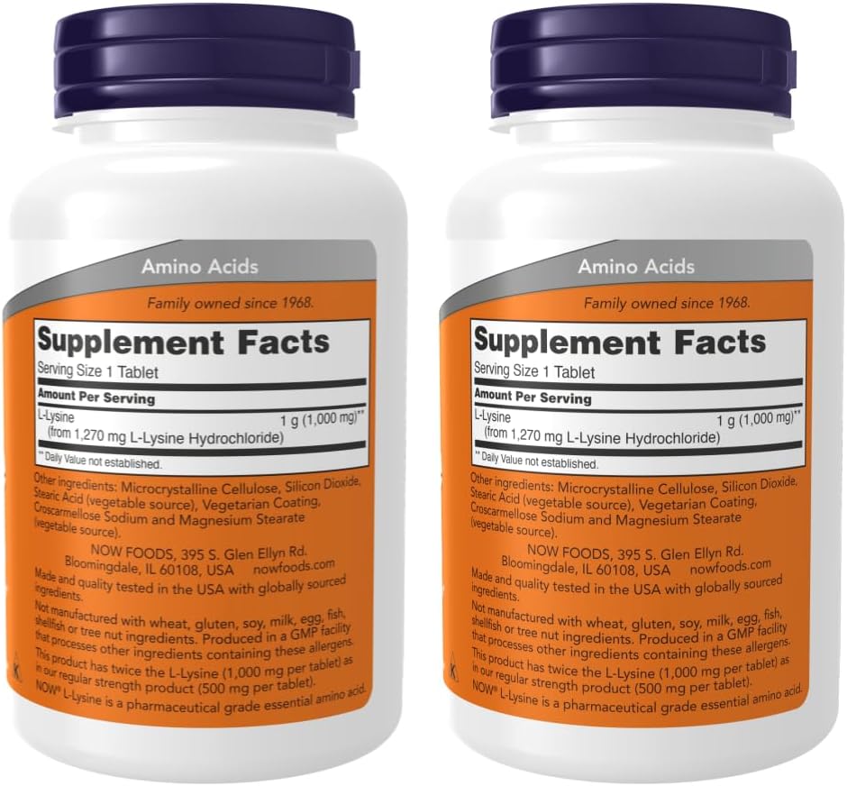 NOW Foods Supplements, L-Lysine (L-Lysine Hydrochloride) 1,000 mg | Double Strength, Amino Acid | 250 Tablets - Pack of 2 with Pill Organizer 3
