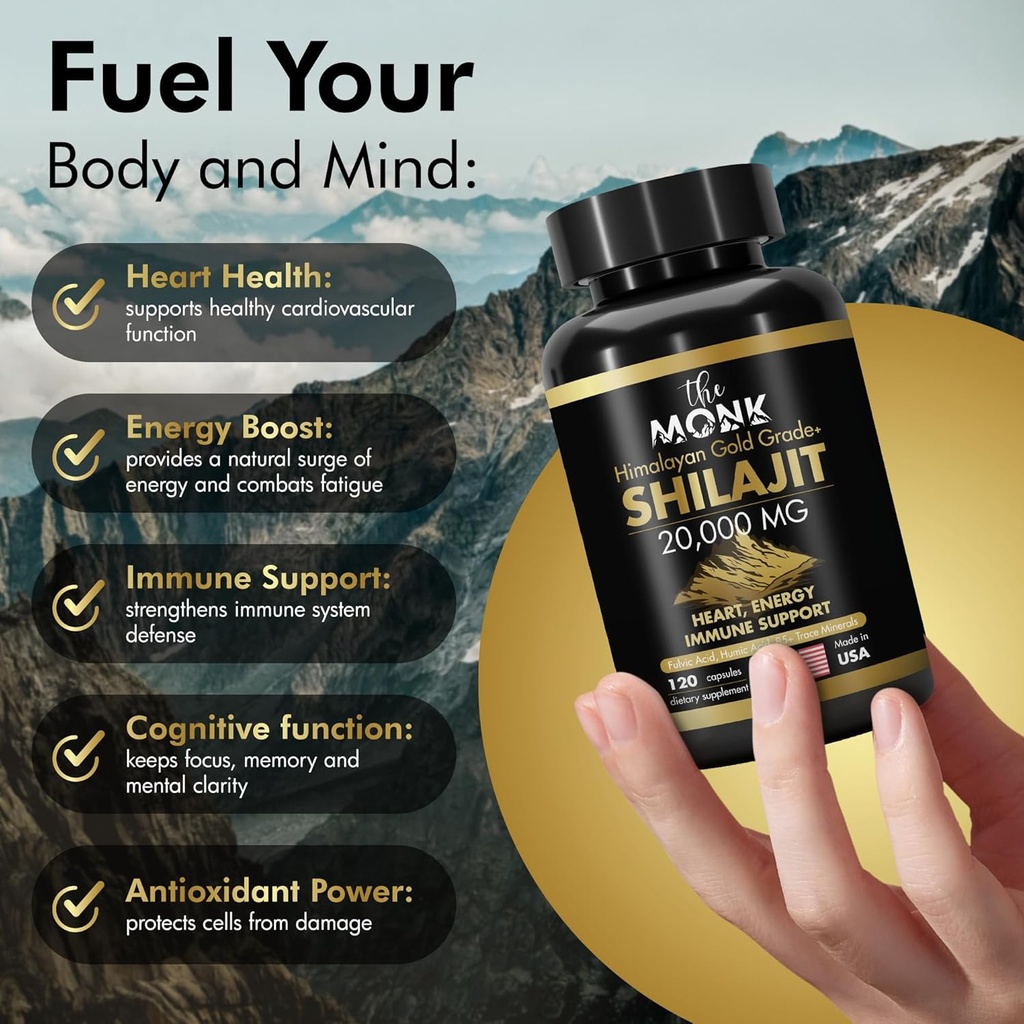 Organic Shilajit with Fulvic Acid, Humic Acid, 85+ Minerals- Gold Grade Plus - Same as Resin - Energy, Stamina, Brain Support - 120 Capsules - Made in The USA 4