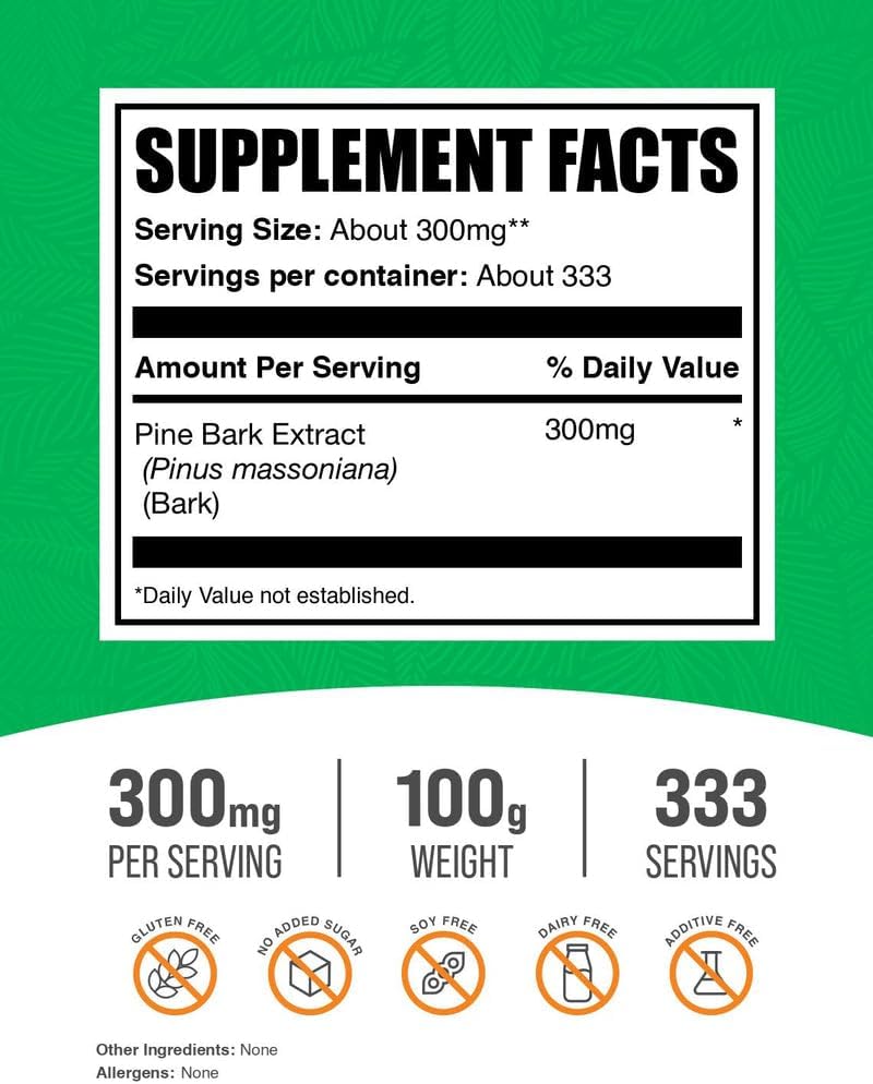 BulkSupplements.com Pine Bark Extract Powder - Herbal Supplement, Pine Bark Powder - Antioxidants Support, Gluten Free - 300mg per Serving, 100g (3.5 oz) (Pack of 1) 3