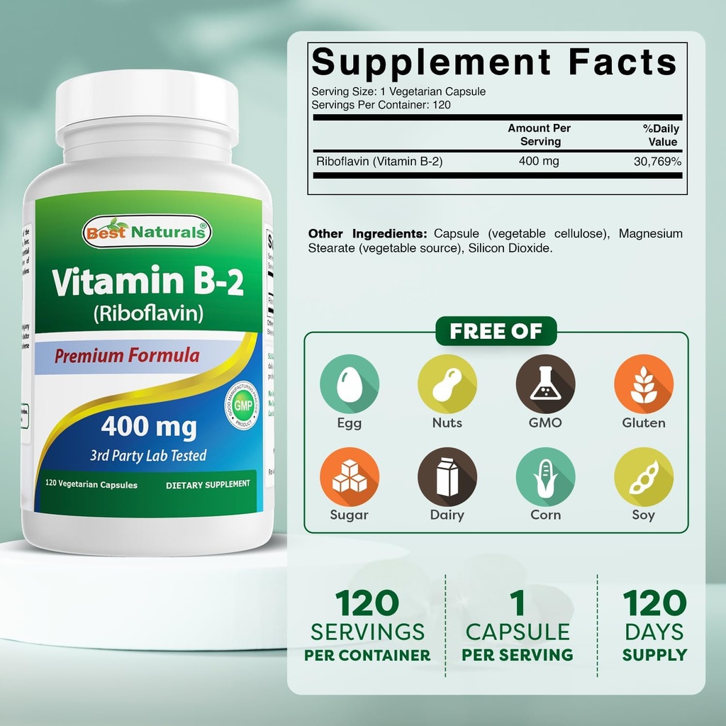 Best Naturals Vitamin B2 (Riboflavin) 400mg - Migraine Relief - Veggie Capsules - Conezyme Precursor - 120 Count (120 Count (Pack of 3)) 3