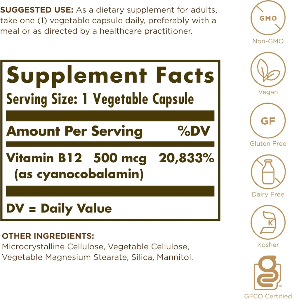 Solgar Vitamin B12 500 mcg - 100 Vegetable Capsules - Energy Metabolism & Nervous System Support - Non-GMO, Vegan, Gluten & Dairy Free, Kosher, Halal - 100 Servings 3