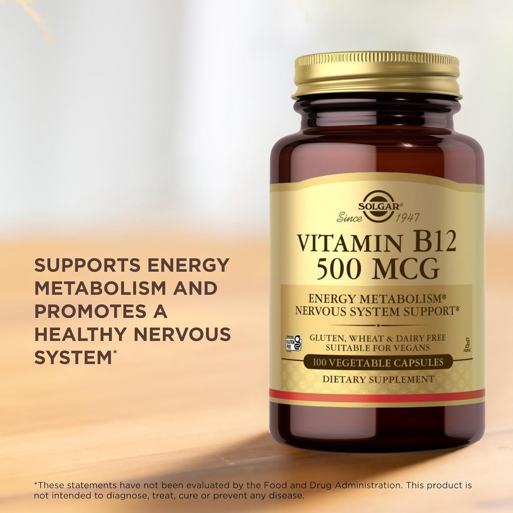 Solgar Vitamin B12 500 mcg - 100 Vegetable Capsules - Energy Metabolism & Nervous System Support - Non-GMO, Vegan, Gluten & Dairy Free, Kosher, Halal - 100 Servings 6